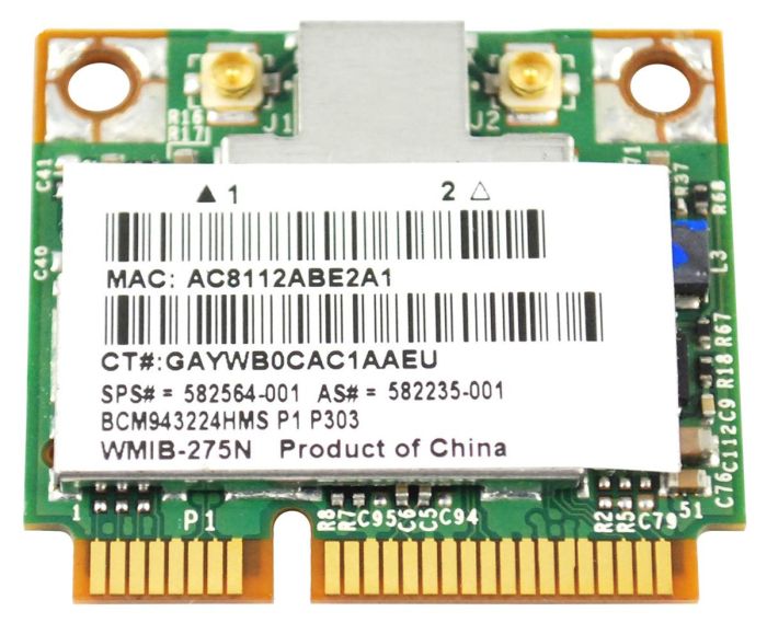 582564-001.jpg 582564-001 | HP Half Mini PCI-Express 802.11a/b/g/n Dual band WiFi Wireless Lan (WLAN) Network Adapter for Elitebook 2540p Notebook - Image 1