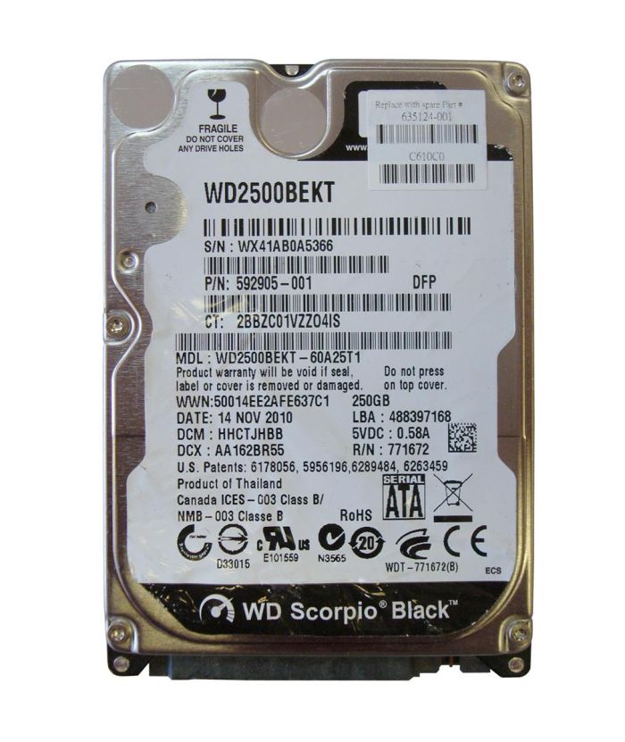 592905-001.jpg 592905-001 | HP 250GB 7200RPM SATA 3Gb/s 2.5-inch Hard Disk Drive - Image 1